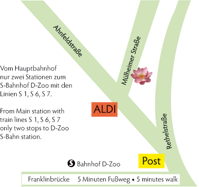 Anfahrtsskizze zur Mülheimerstraße 15: vom Hauptbahnof mit der S-Bahn nur 2 Stationen bis S-Bhanhof Zoo, auf der S-Bahn-Brücke nach link, links an der Post und dann an Aldi vorbei, die Ahnfeldstraße überqueren . Hier beginnt die Mülheimer Straße. Unser Büro befindet sich auf der rechten Seite: Nr 15.